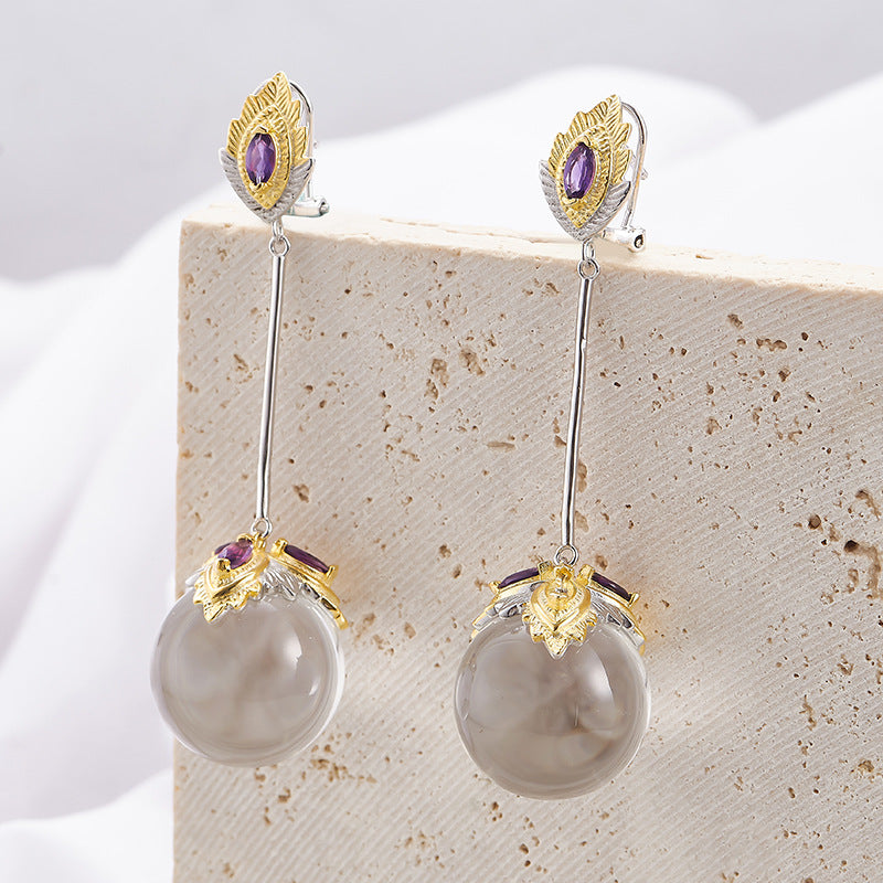 WHITE CRYSTAL BALL LONG EARRINGS-1