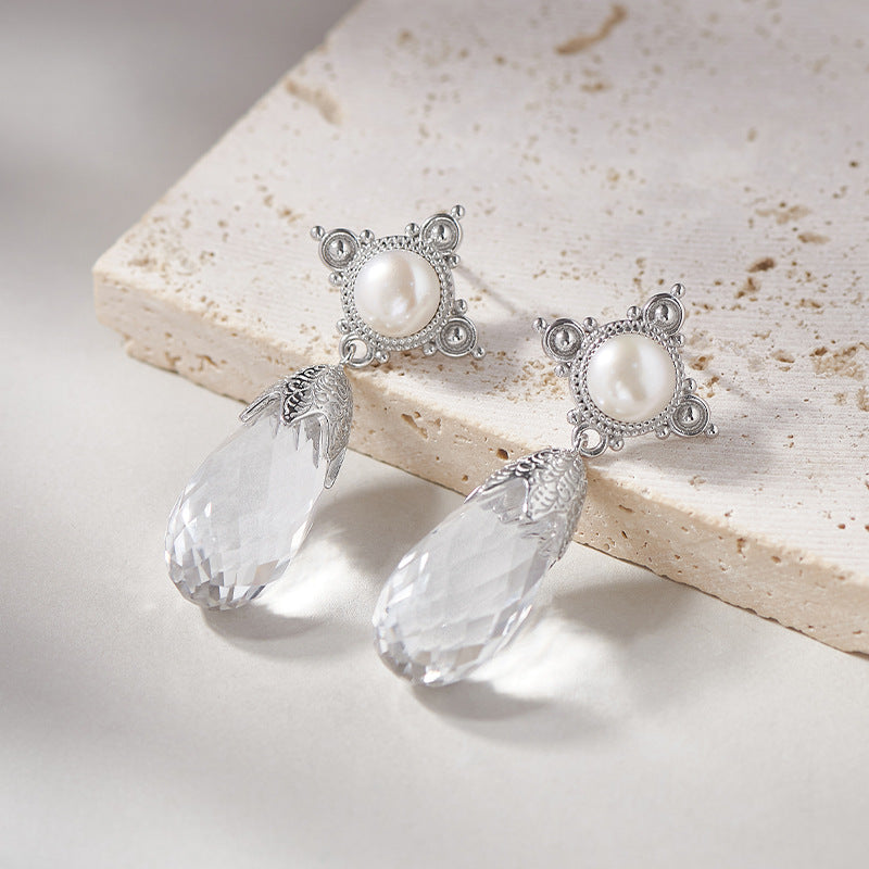 WHITE CRYSTAL TEARDROP-SHAPED FACETED EARRINGS-1